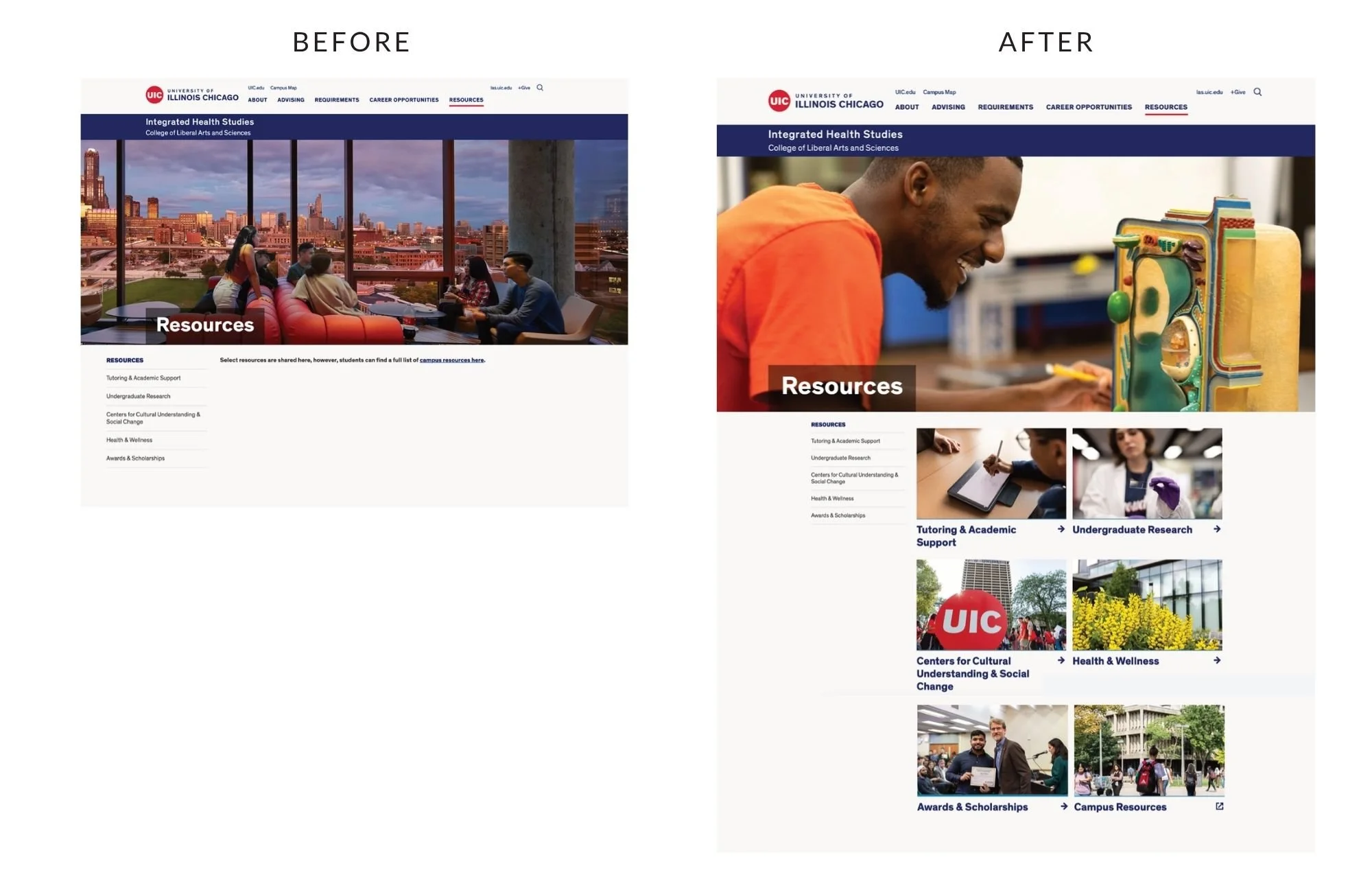  Before and after of the Integrated Health Studies website 
