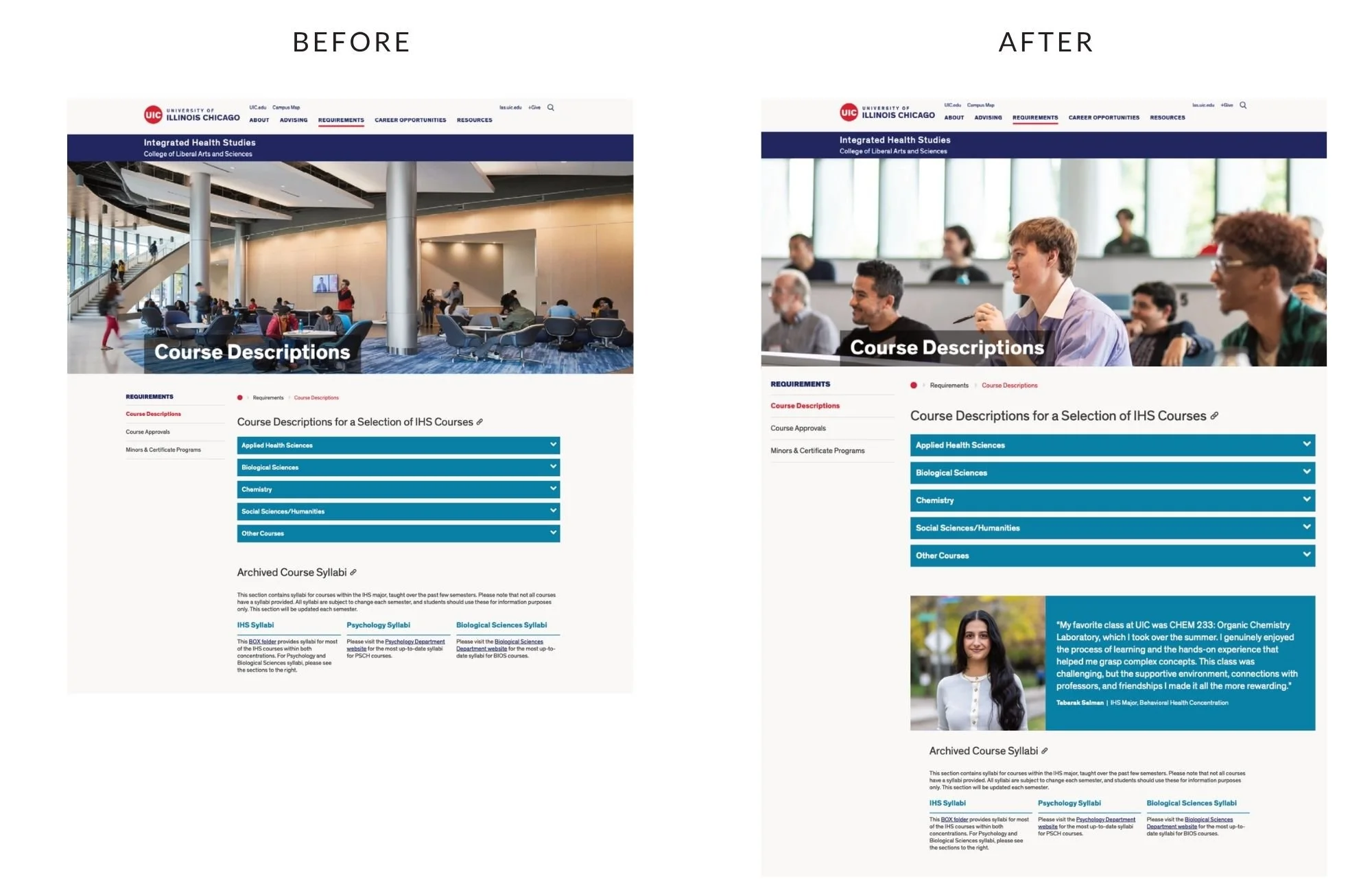  Before and after of the Integrated Health Studies website 