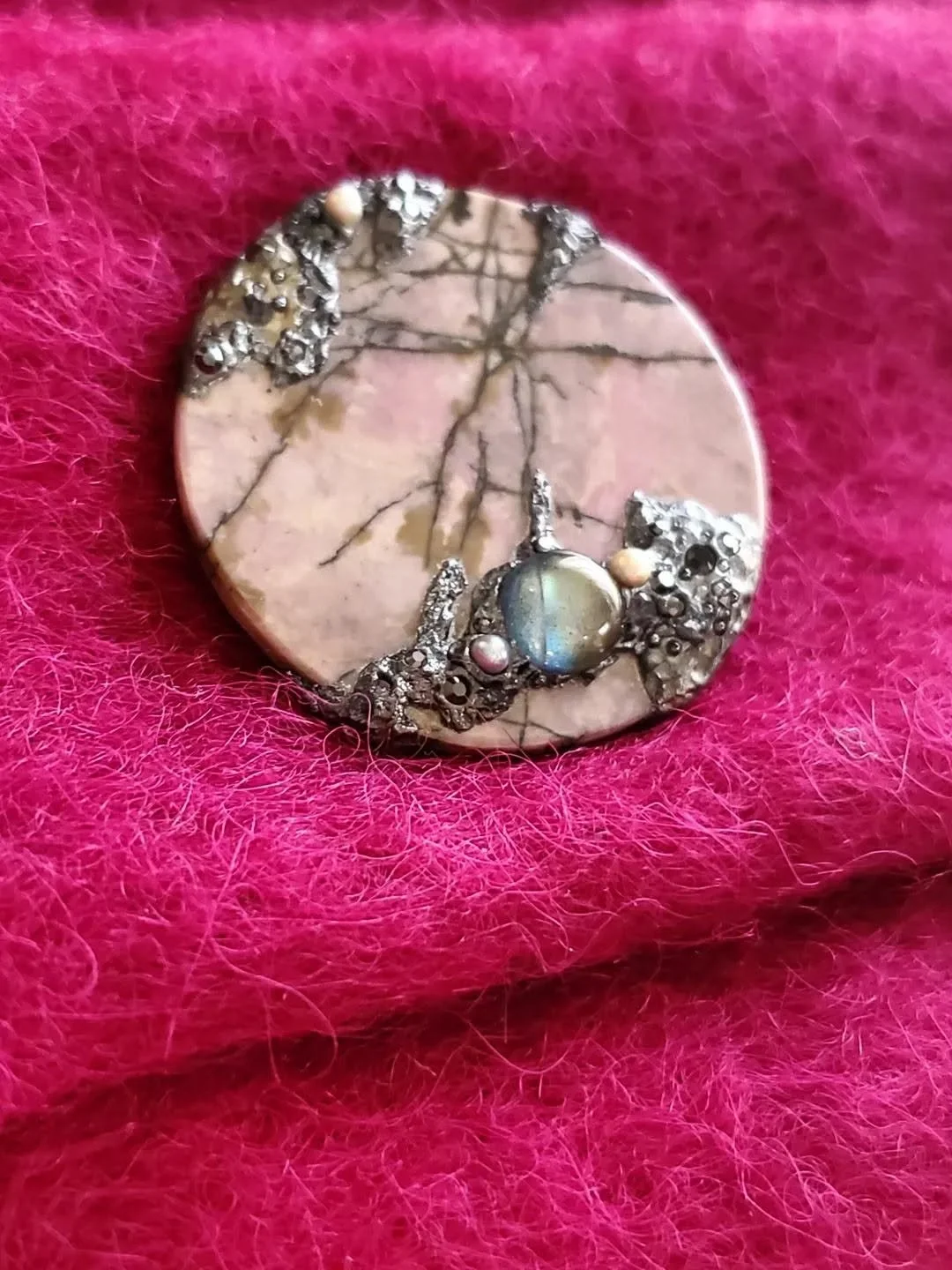 "Planet of Pink Mist" Rhodonite Double-Sided Stainless Steel Pin