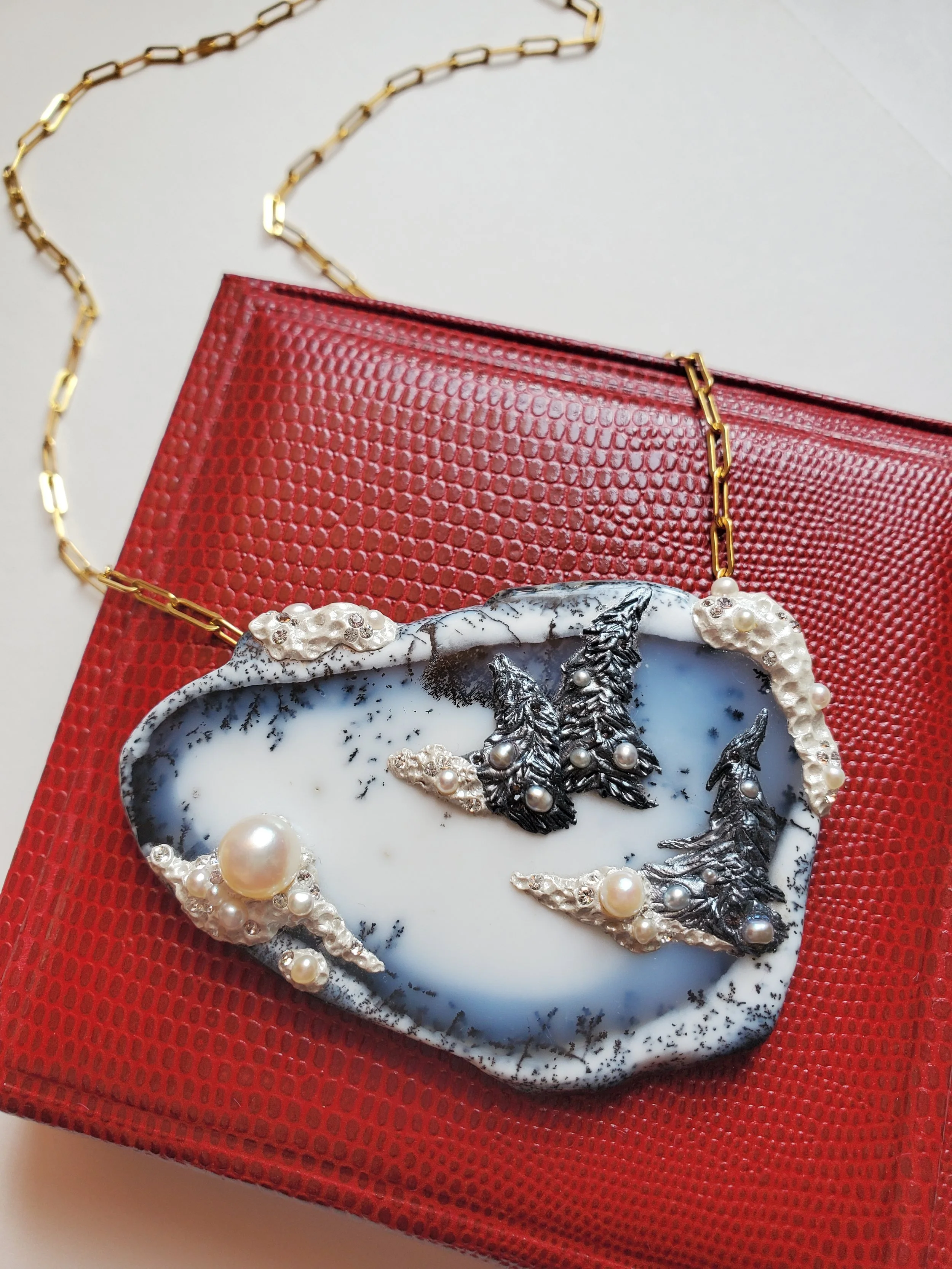 WINTER/"Forest Edge. Snow Effect." Dendritic Opal Pendant