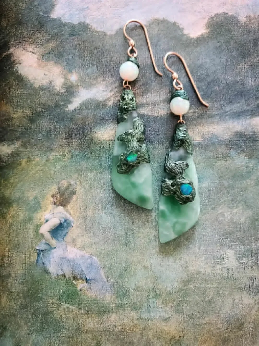 Green Onyx and Opals Artistic Earrings