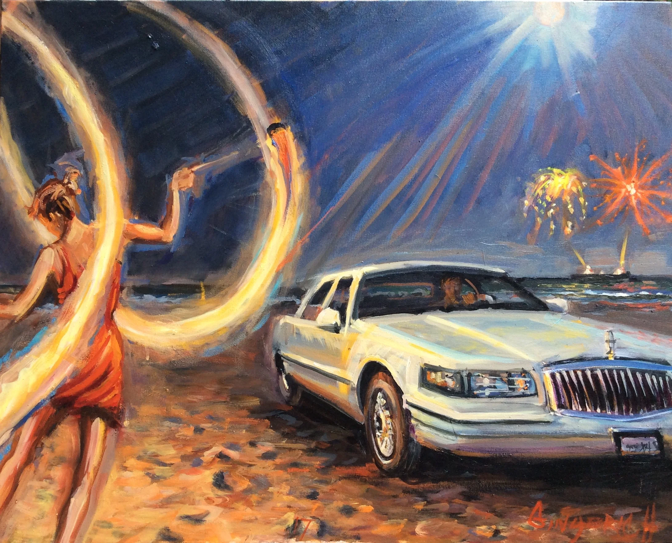 Fire Car Moon Sea 24 x 30 inches, oil on canvas