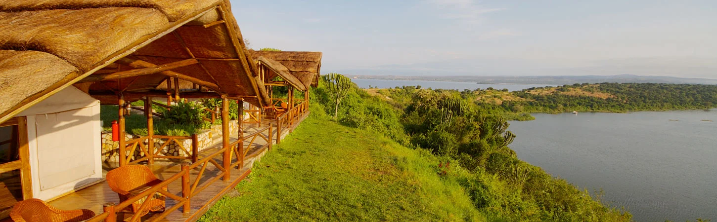 Touristic safari tent elevated at the bank of Kazinga natural channel.