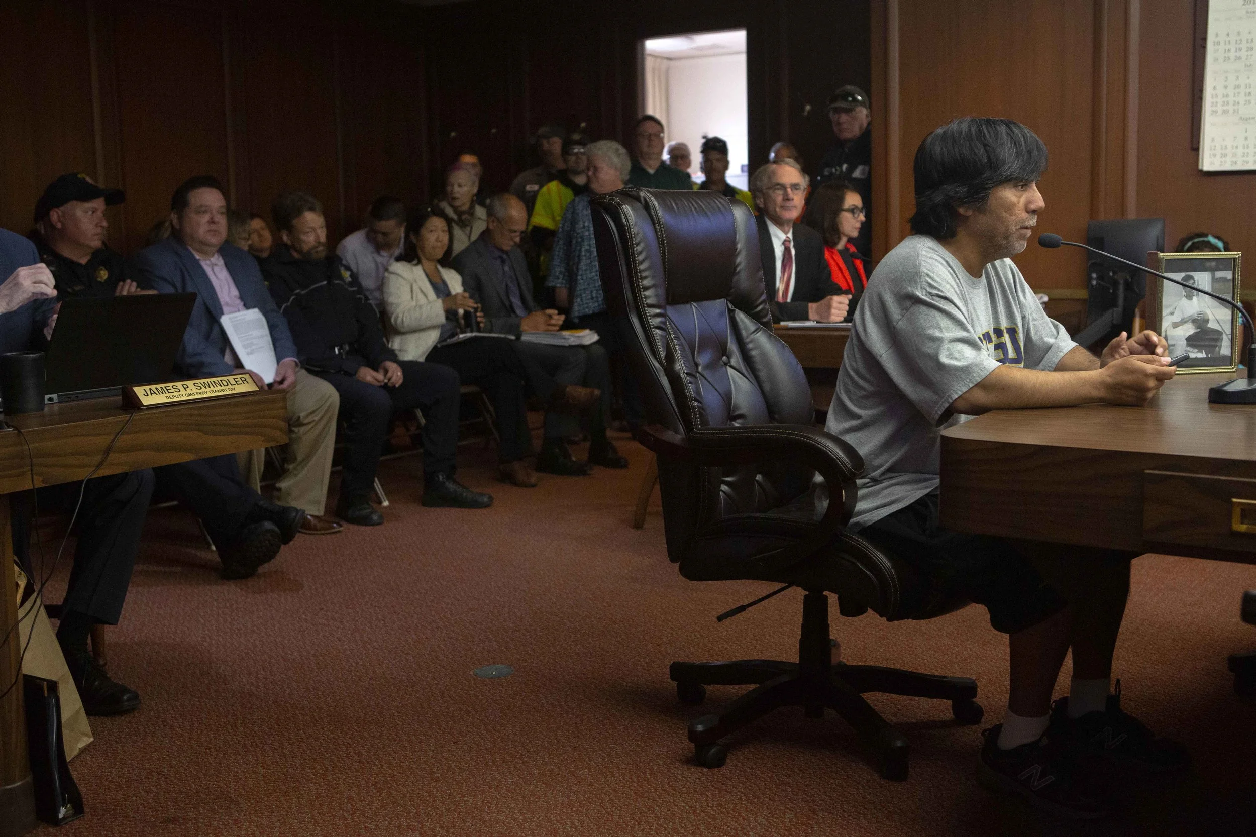 Manuel Gamboa, Jr. speaks at the Golden Gate Bridge Highway and Transportation District Board Meeting in San Francisco. Collectively, at least one Gamboa family member has attended every monthly meeting petitioning for a suicide barrier since Kyle jumped in 2013. The parents normally attend and make the four-hour round-trip drive from Sacramento to speak for two minutes.