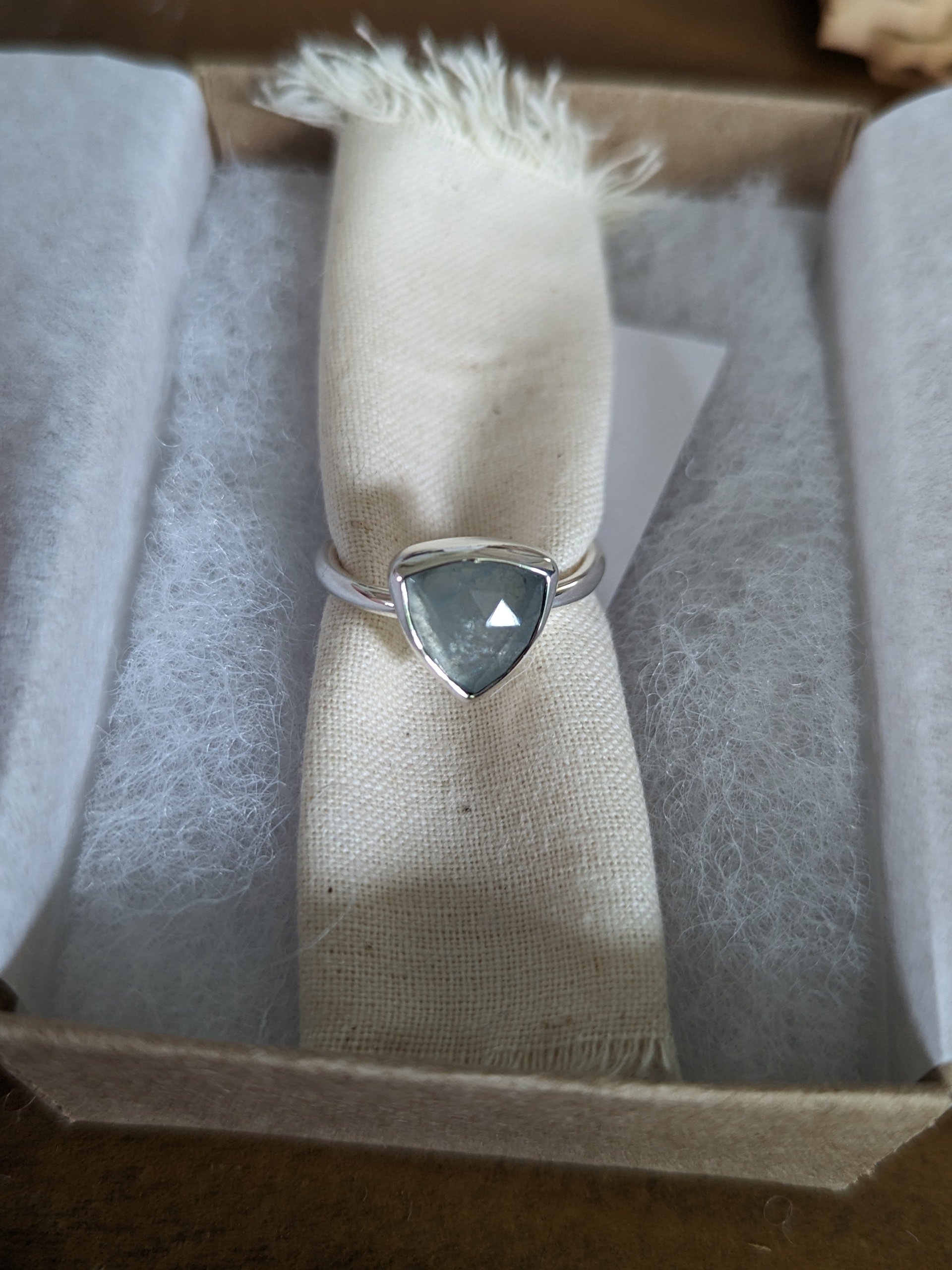 Triangular rose cut milky aquamarine ring