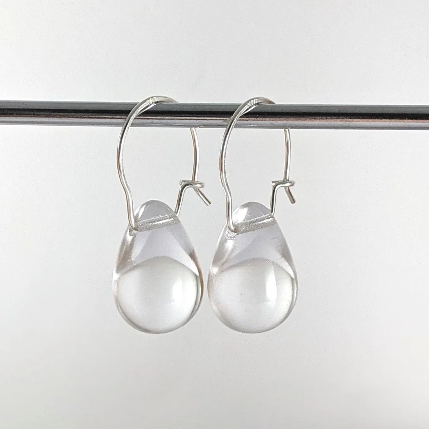 Clear Glass Teardrop Earrings with Argentium Silver Hoops 