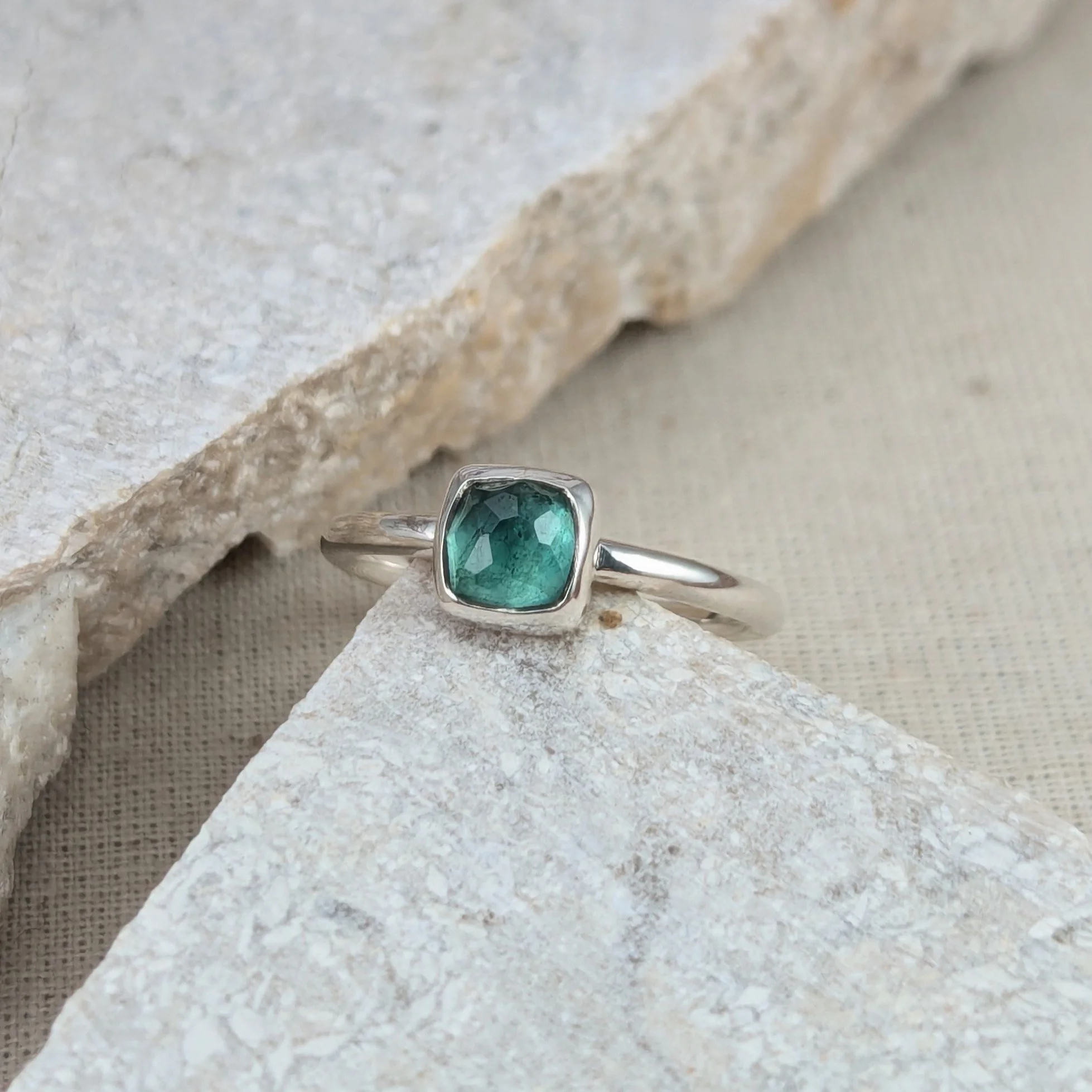 Tiny square light green tourmaline ring