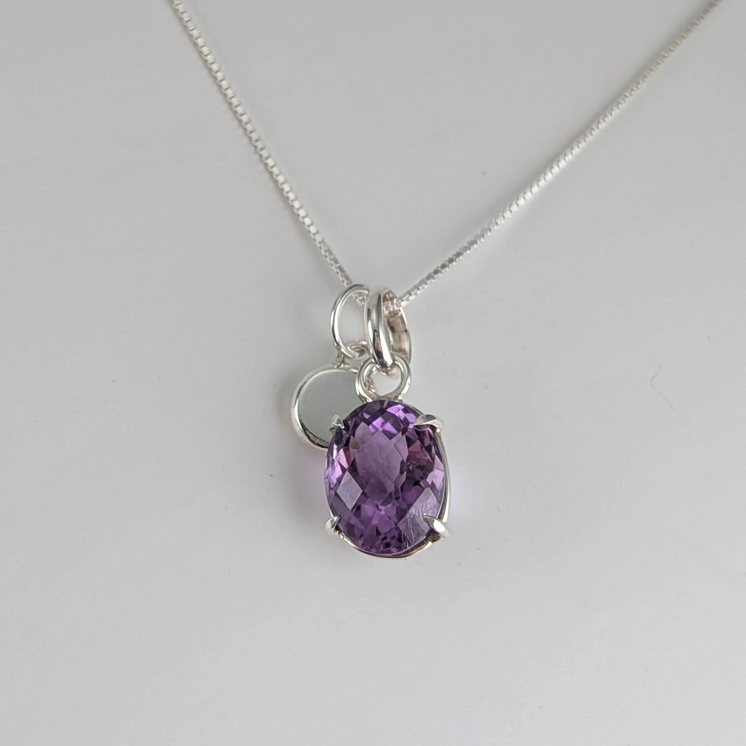 Amethyst and hammered pendants on sterling silver box chain necklace