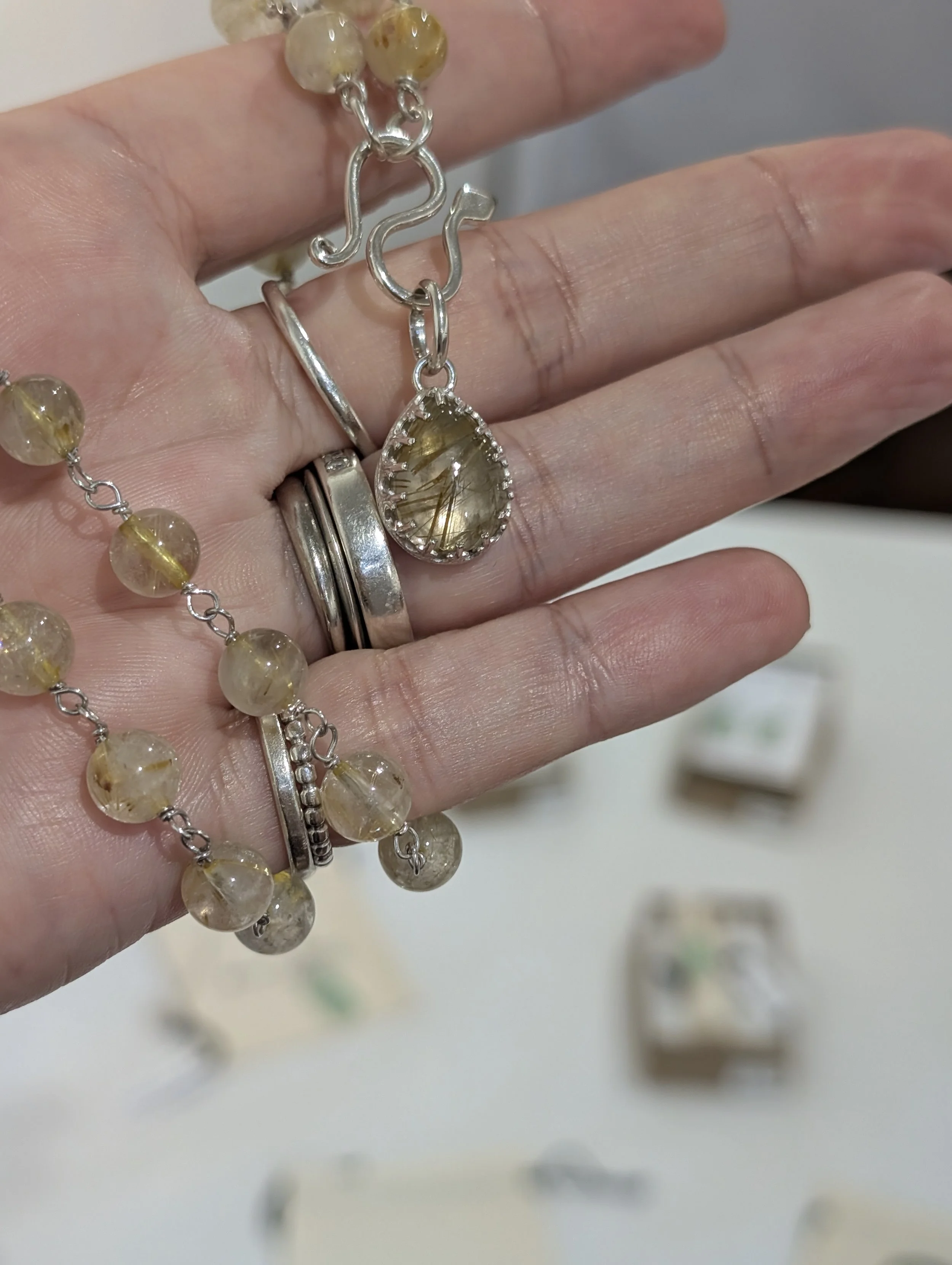 Rutilated quartz necklace with snake clasp and optional pendant