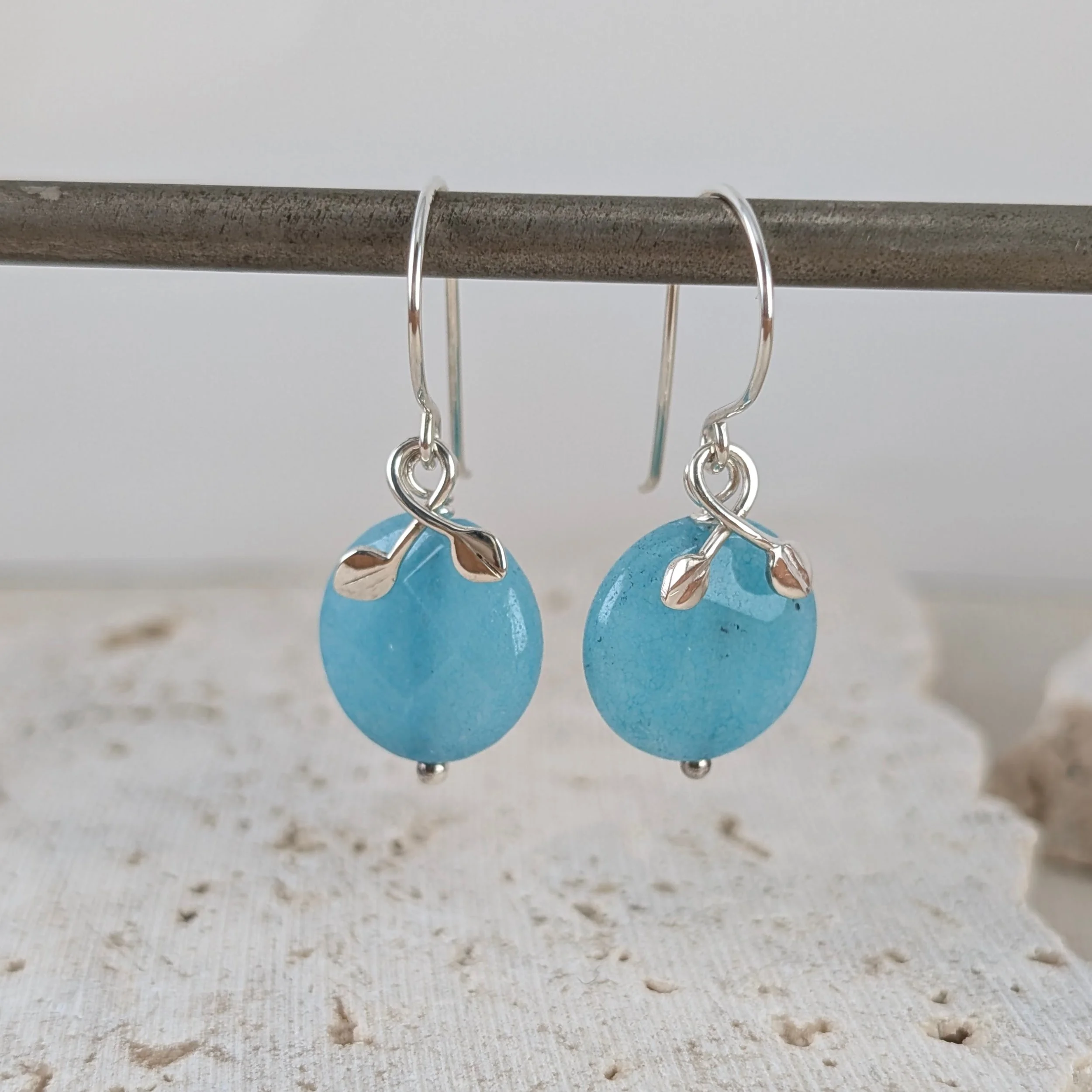 Blue agate disk earrings with leaves v1.jpg