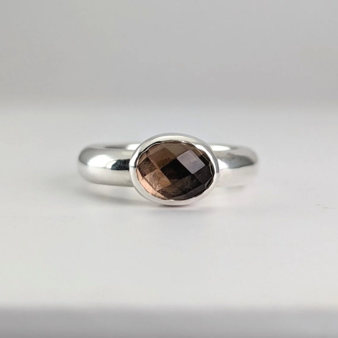Sideways set checkerboard cut smokey quartz ring