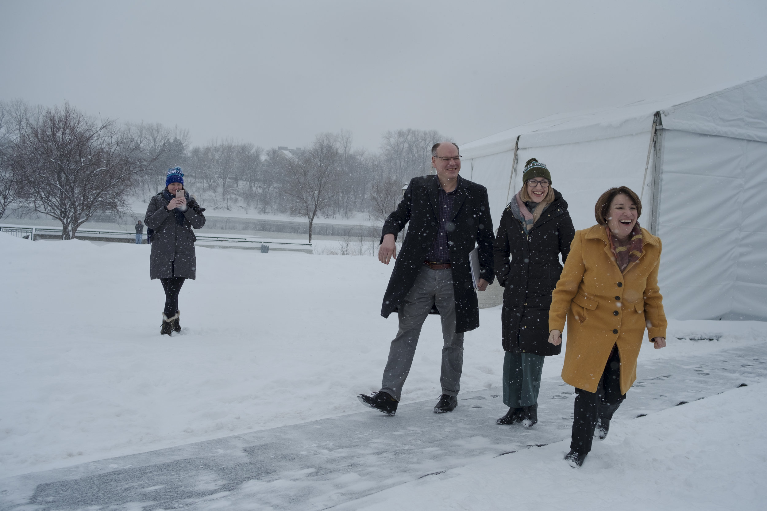 Senator Amy Klobuchar, D-Minn., reacts to supporters before formally announcing her bid for president at Boom Island Park in Minneapolis, Minnesota on Sunday, Feb. 10. Supporters, and those in opposition, gathered amid freezing temperatures and heavy snowfall. (Photo by Brooklynn Kascel)