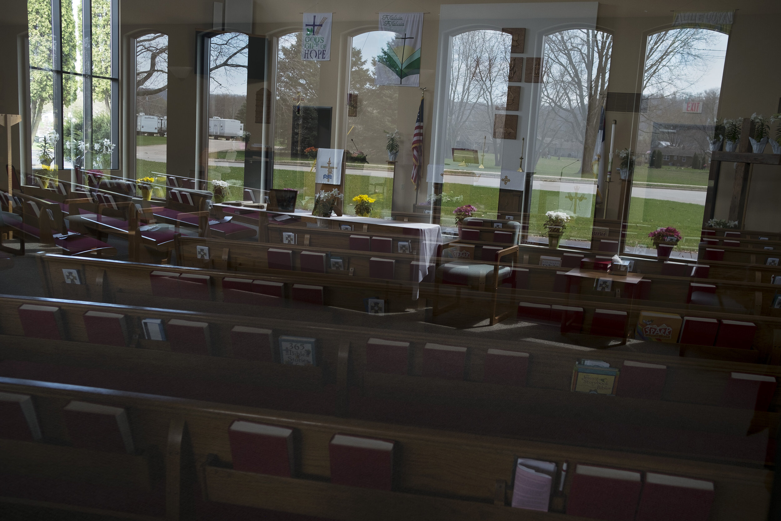  The worship center and surrounding area at Faith Lutheran Church, ELCA are reflected in glass on Wednesday, April 24, 2019 in Wabasha, Minnesota. Mental health care providers, public health officials, farmers, and farming advocates from the state’s 
