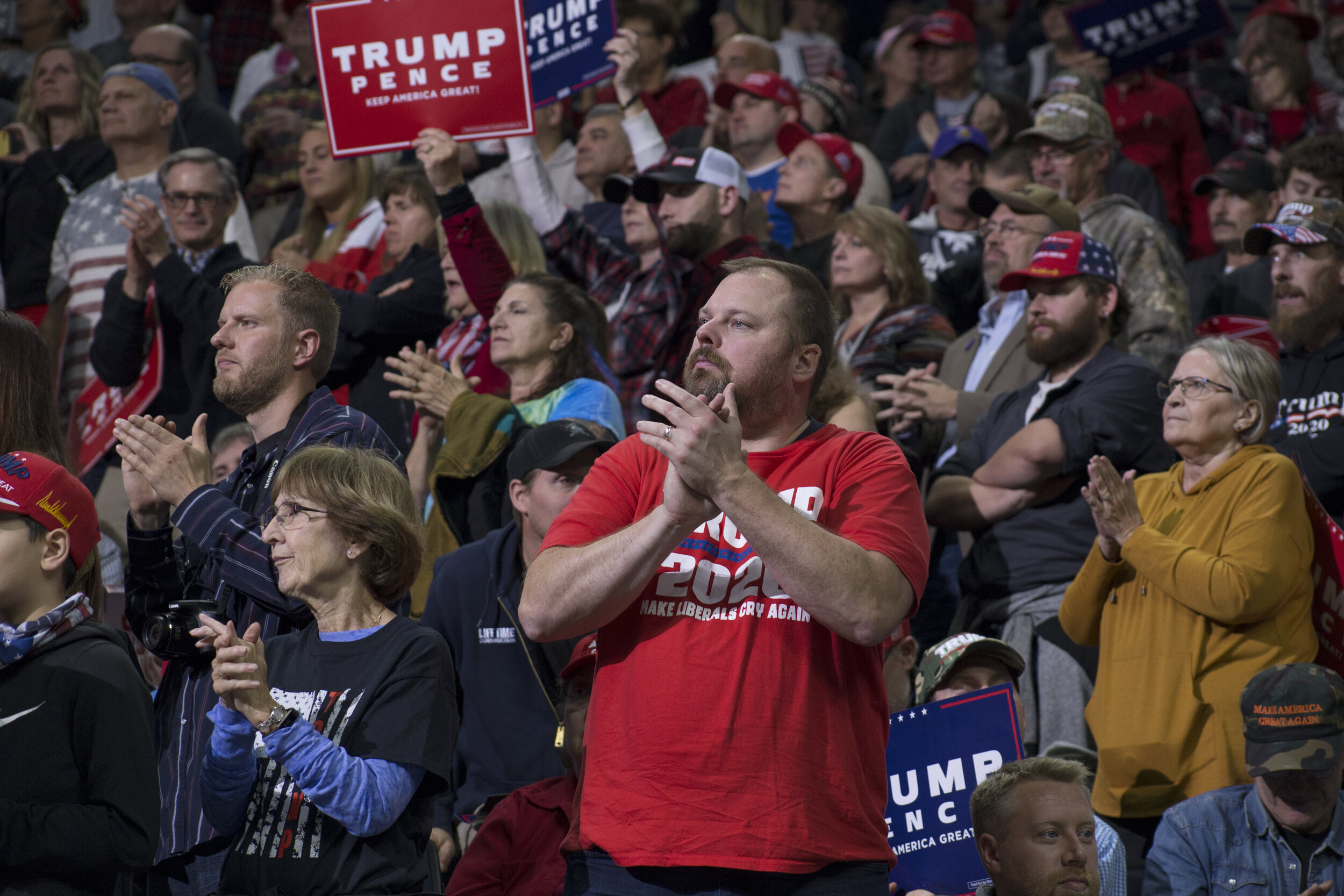  October 10, 2019 - Minneapolis, Minnesota, United States: Trump supporters fill the Target Center in Minneapolis on Thursday, Oct. 10, 2019. An estimated 20,000 people attended the rally in support of the president. (Brooklynn Kascel/Polaris) 