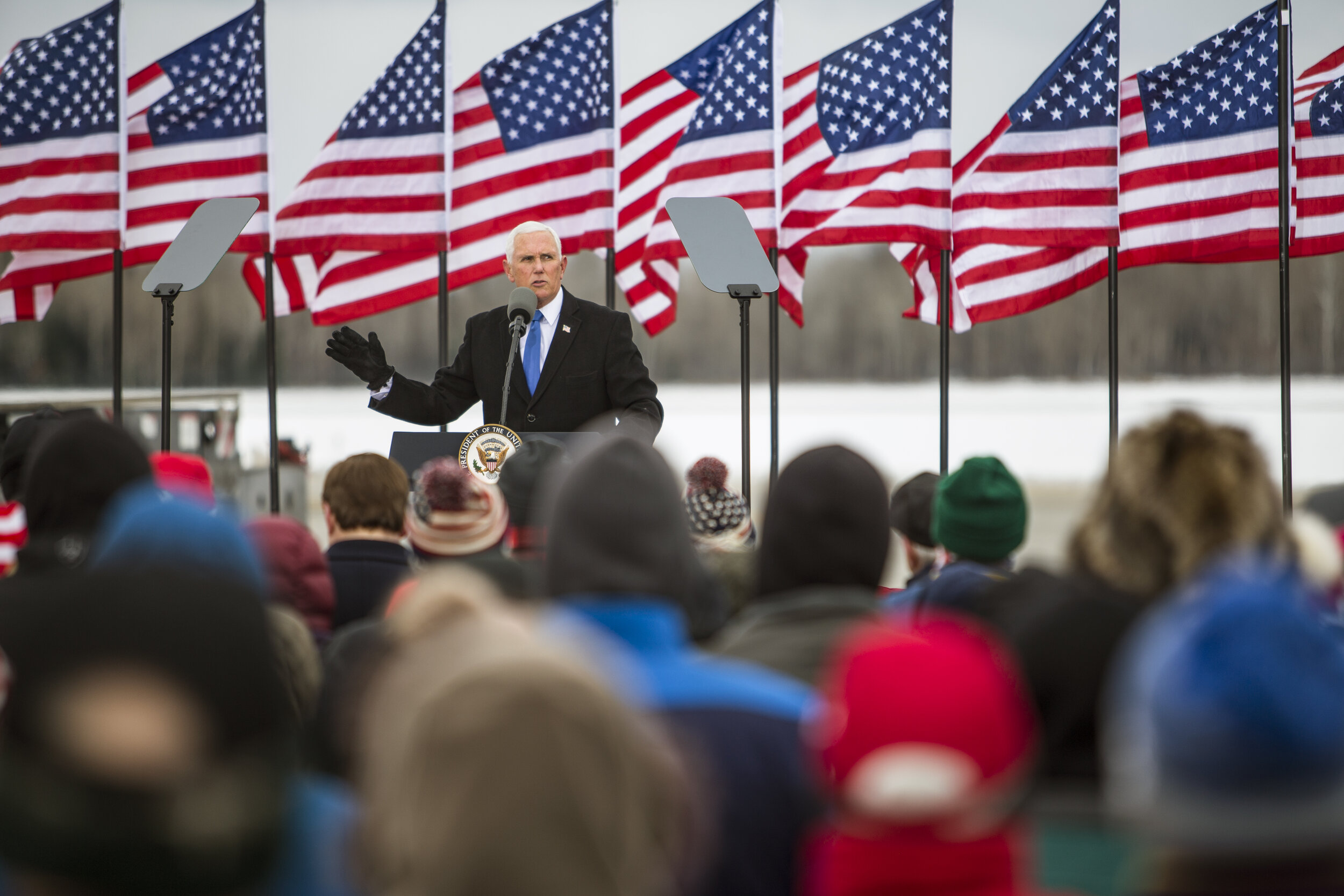  Vice President Mike Pence addresses a large crowd during a rally on the Iron Range in Hibbing, Minnesota on October 26, 2020  (Photo by Brooklynn Kascel/Getty Images) 