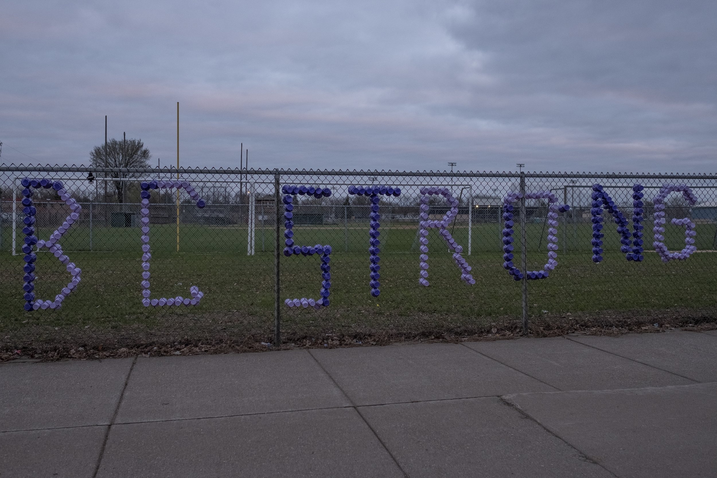  Plastic cups spell out BC STRONG near the Brooklyn Center police department on Thursday, April 15th. For five consecutive nights, protesters and law enforcement have engaged for multiple hours as people gather in mass after the police killing of Dau