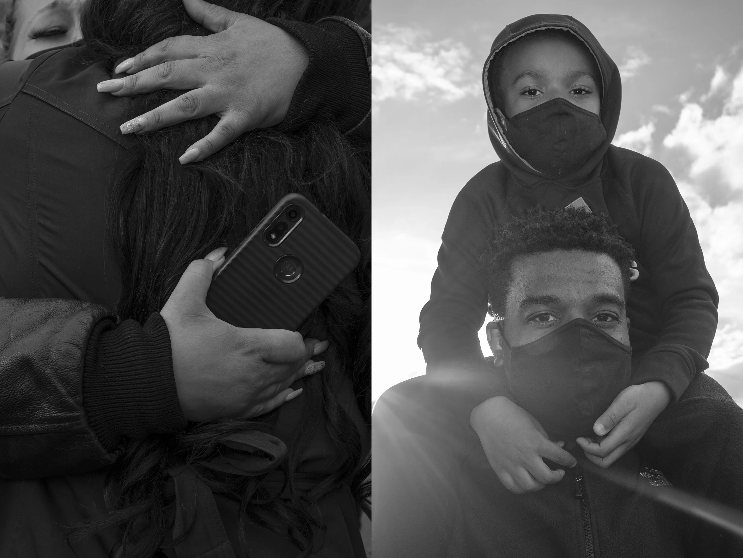  Left : People embrace after the conviction of Derek Chauvin nearly a year after he murdered George Floyd in Minneapolis, Minnesota.  Right : A father and son wait for the jury’s ruling in George Floyd Square. 