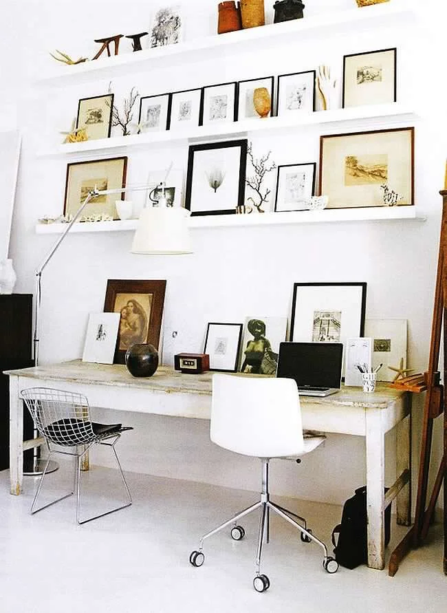 This eclectic office space shows how simple it can be to mix farmhouse style with modern accents.