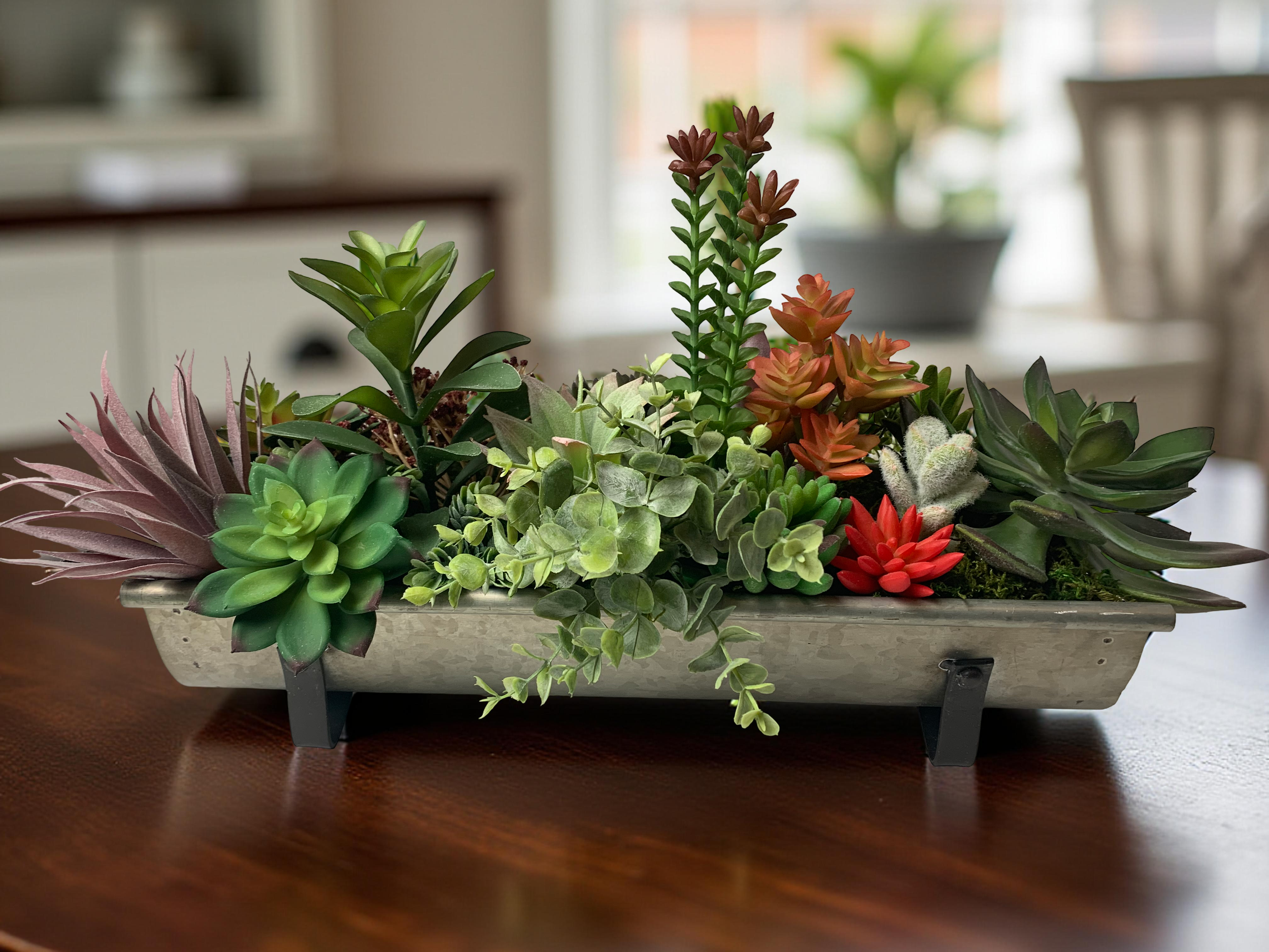 Chic Faux Succulent Arrangement in Rustic Metal Planter