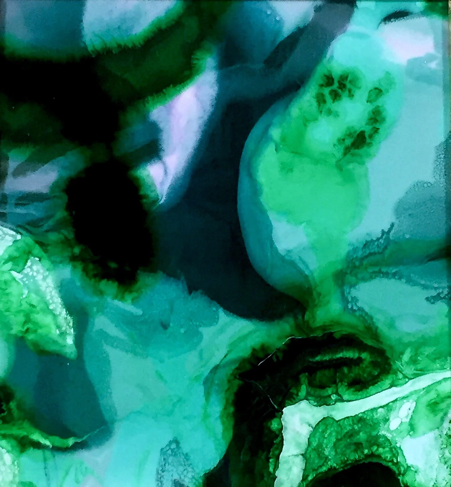 Abstract watercolor painting with shades of green, black, and hints of white.