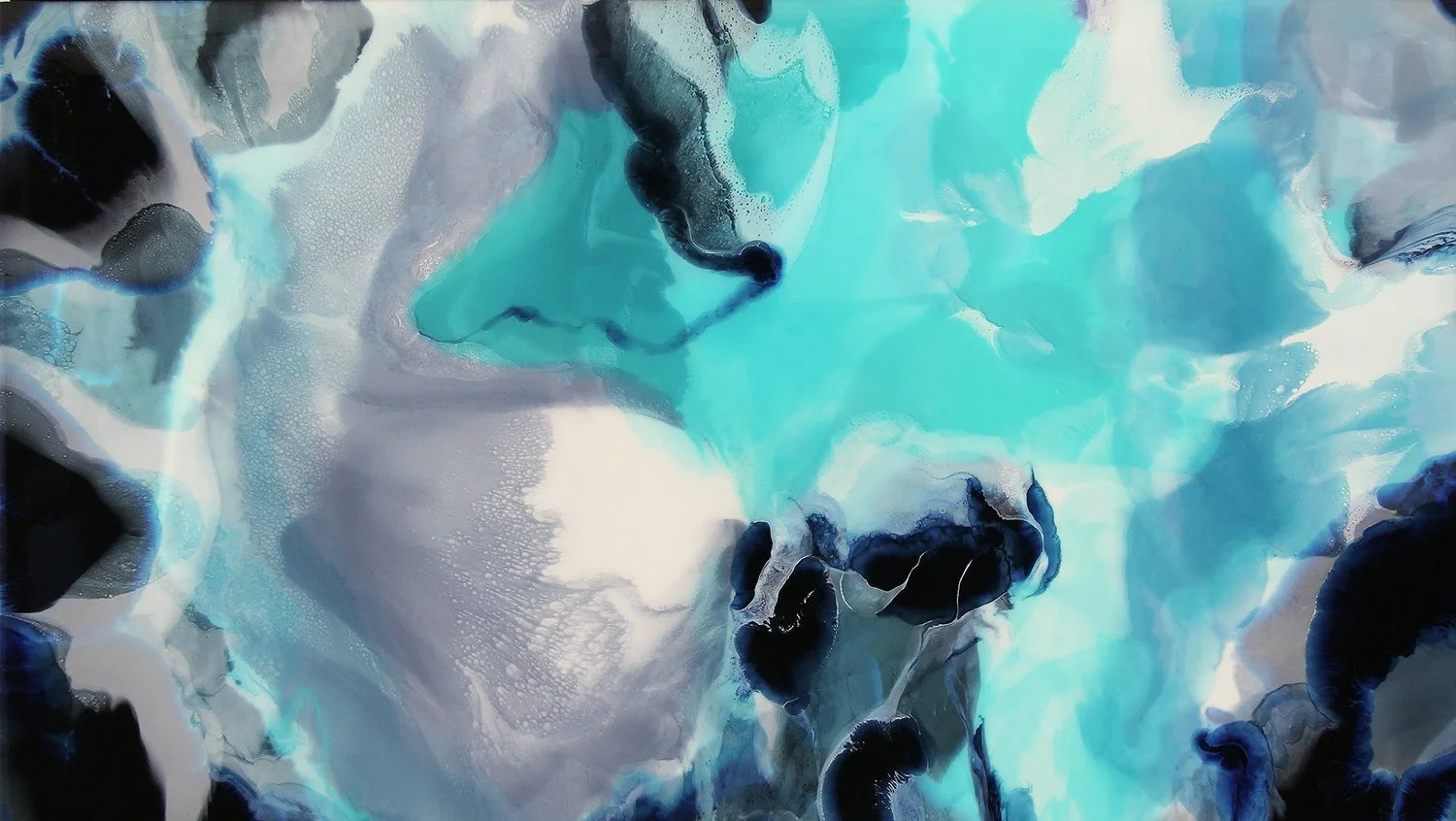 Abstract artwork featuring swirling shapes in shades of blue, black, and white.