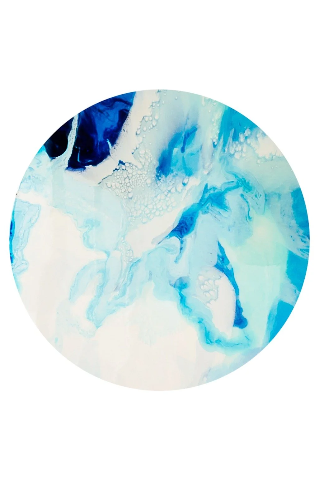 Abstract circular blue and white watercolor painting with swirling patterns and bubbles.