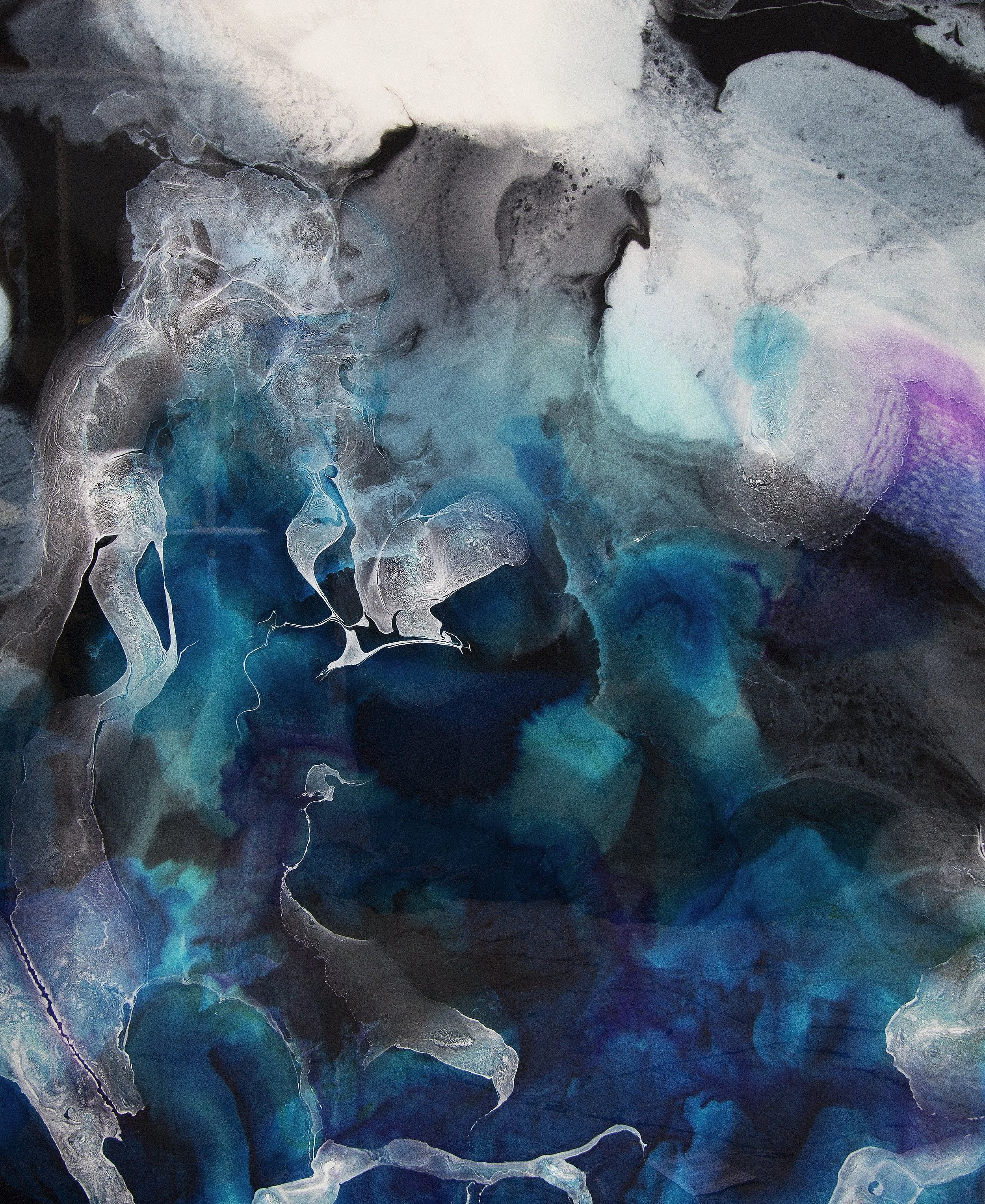 Abstract swirl of colors including blue, black, gray, white, and hints of purple with fluid, organic shapes.