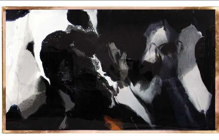 Abstract black and white painting with dark and light shades forming complex shapes.