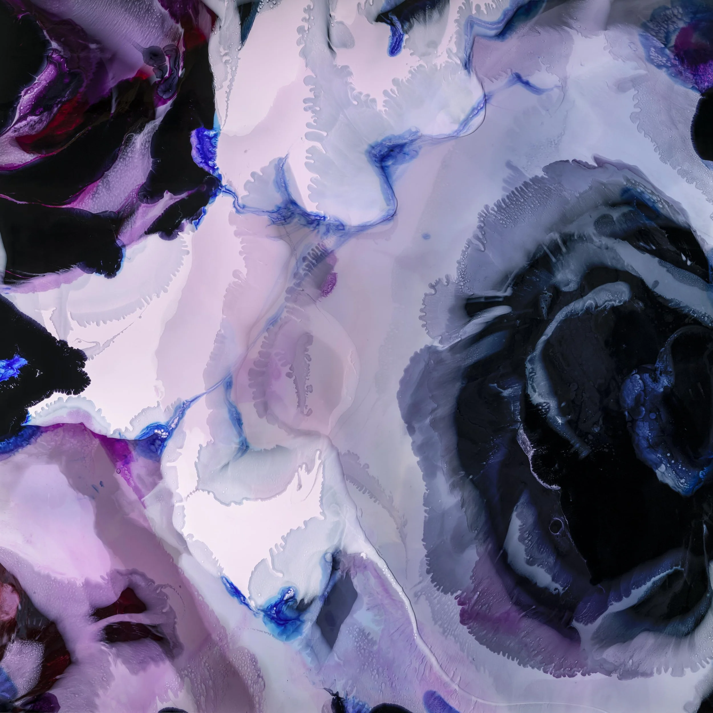 Largest resin artwork to exist, by the original resin artist Megan Weston 'the black rose' which is Abstract art with shades of purple, blue, black, and white creating swirling patterns.