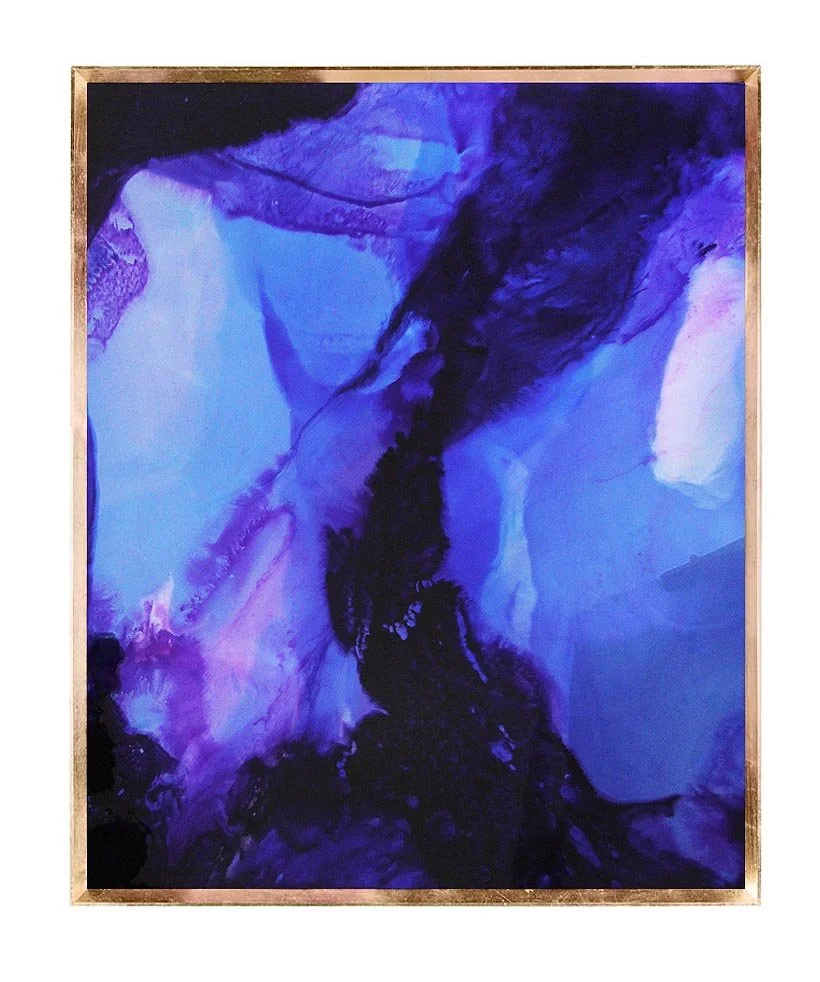 Abstract painting with shades of blue, purple, and black framed in a gold border.