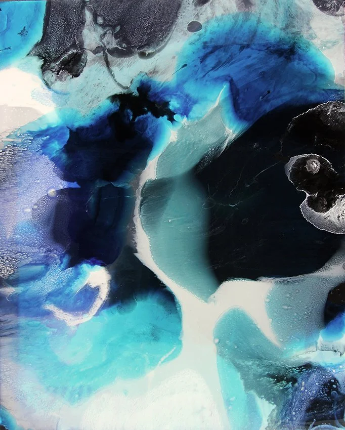 Abstract painting with shades of blue, black, white, and teal, featuring fluid, swirling patterns and textures.