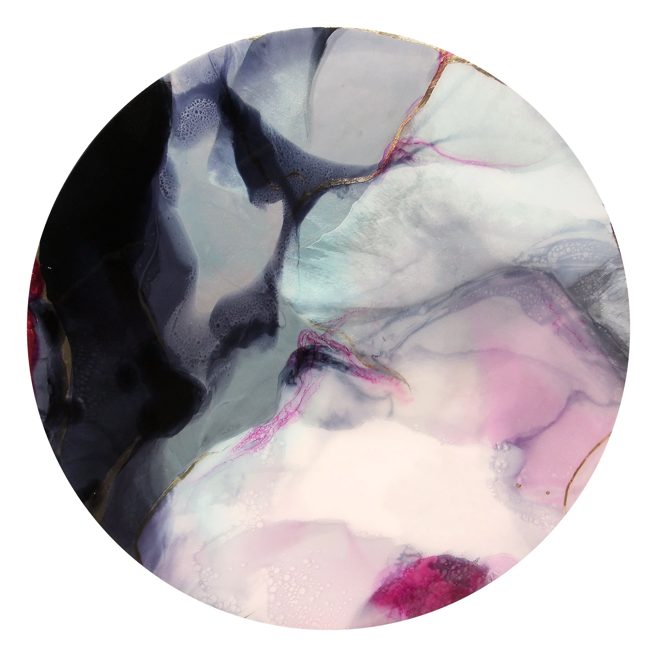 Abstract circular painting with swirling colors of black, white, pink, and hints of gold, creating a fluid and marbled effect.