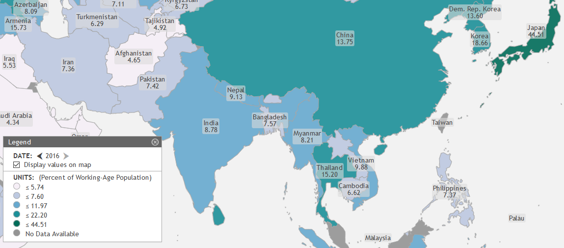 Tasa de dependencia mayores de 65 años en Asia. Fuente: https://geofred.stlouisfed.org