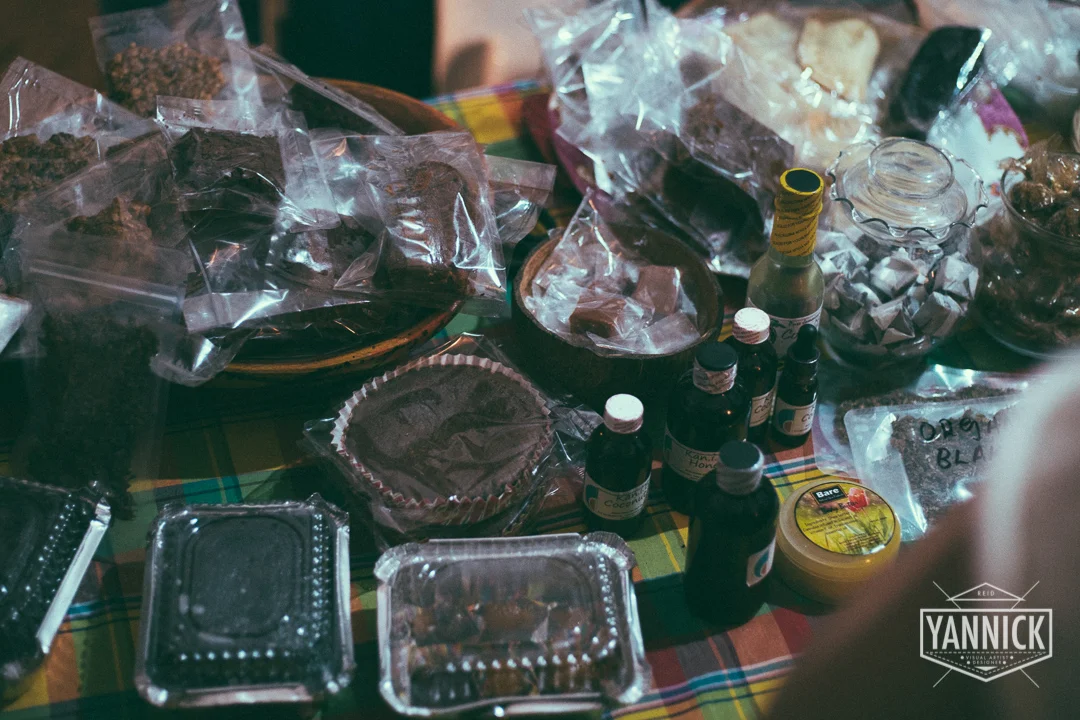 Everything on this table incorporates marijuana in the ingredients.. Cakes, Coffee Drops, Ointments, Even herb bag-juice