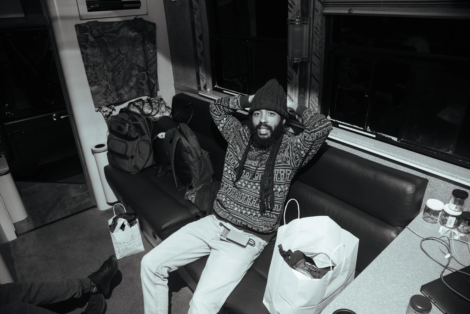 Chilling on the tour bus