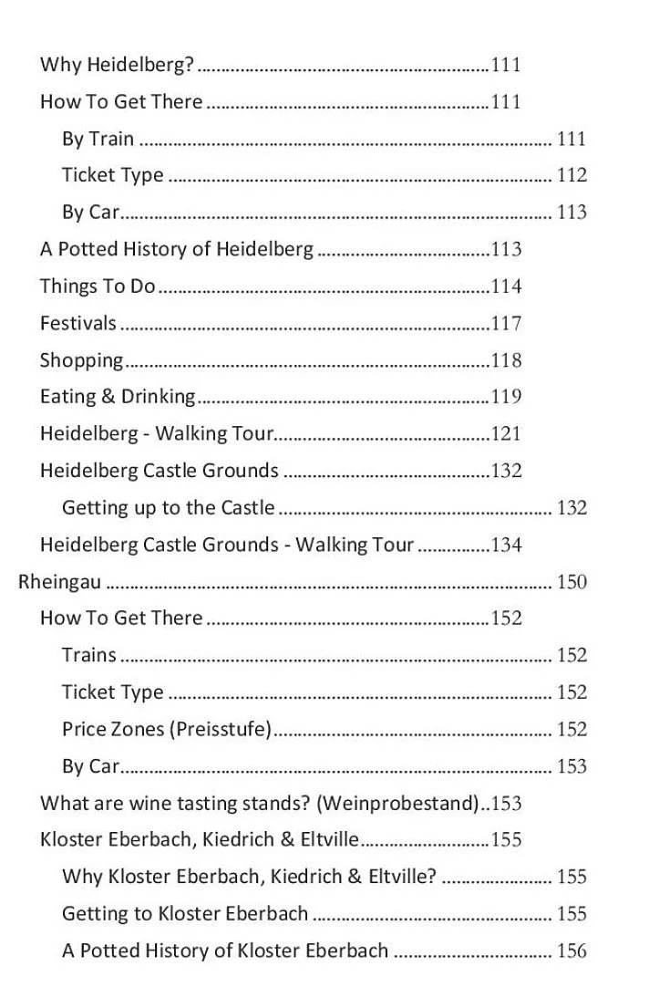 Table of contents with chapters about Heidelberg, Heidelberg Castle, Rheingau, wine tasting, Kloster Eberbach, Kiedrich, and Eltville, with page numbers.