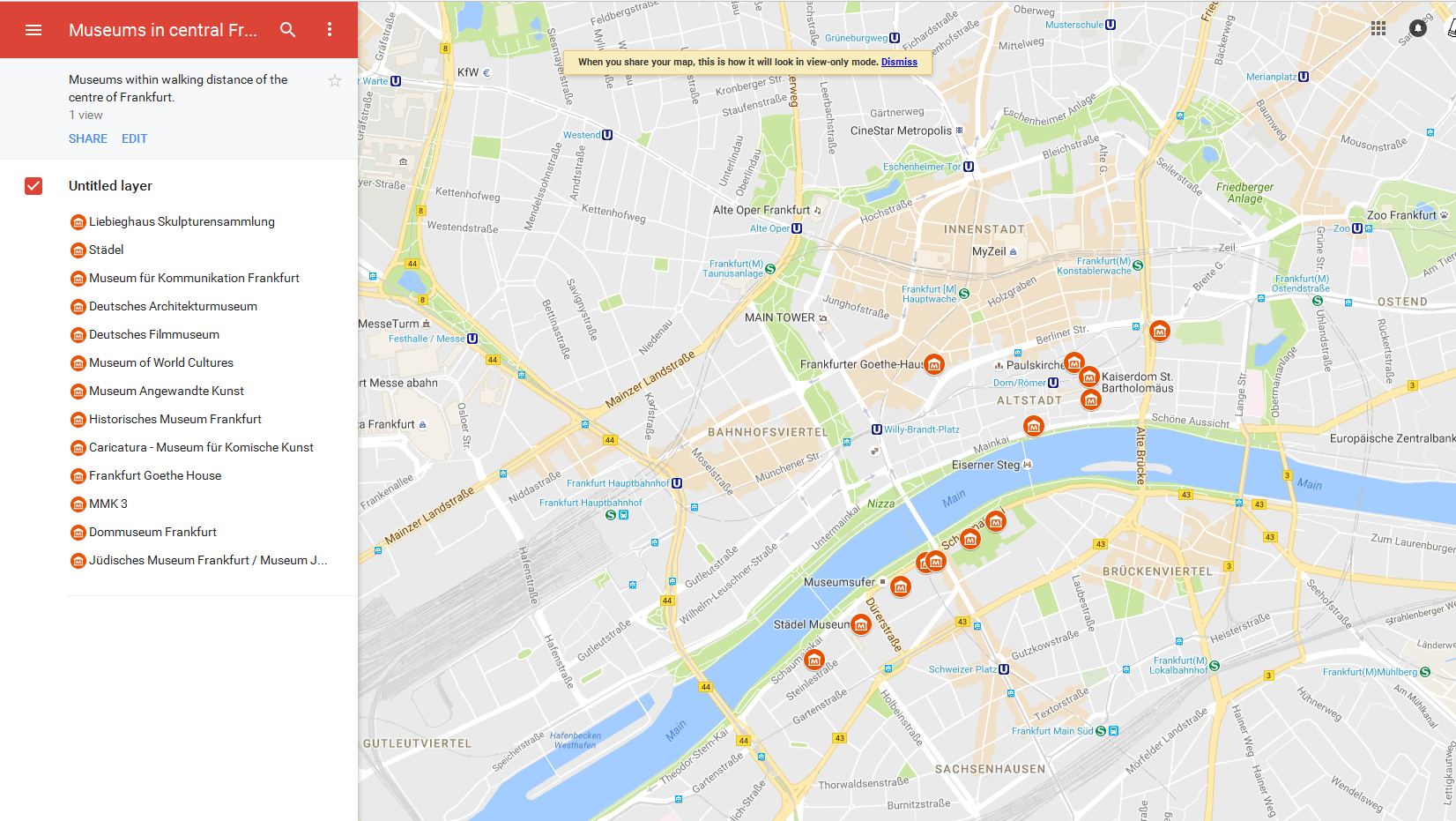 Map of the Museums located centrally in frankfurt