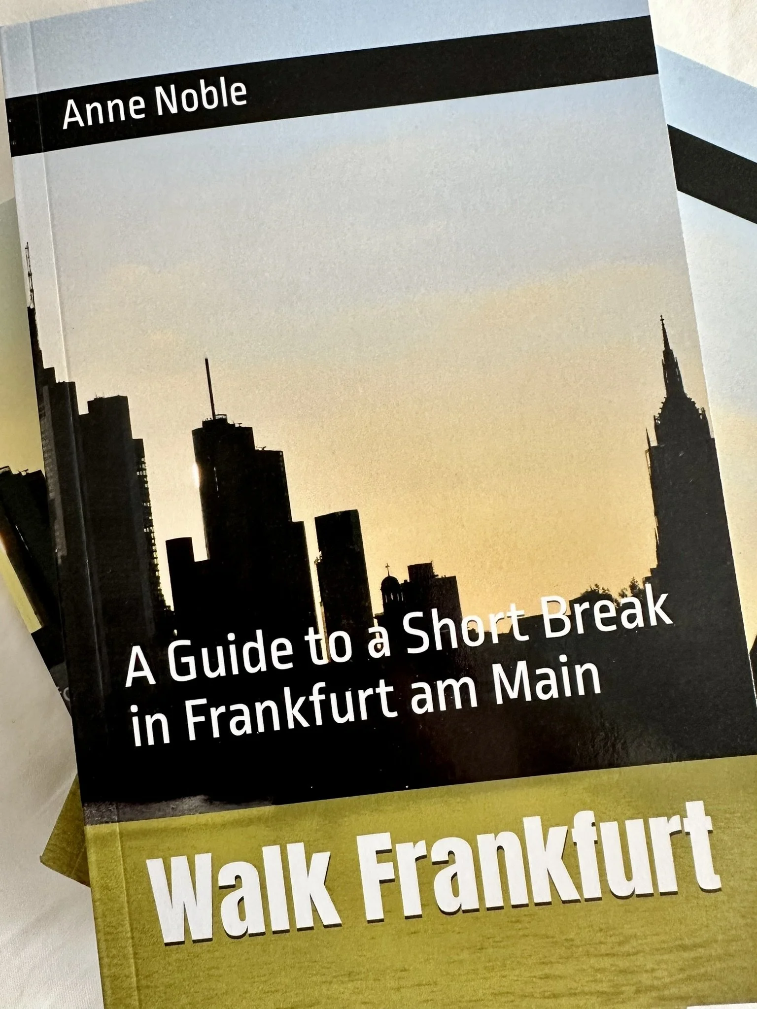 Book titled "A Guide to a Short Break in Frankfurt am Main" with a cover showing a silhouette of Frankfurt's skyline at sunset or sunrise.