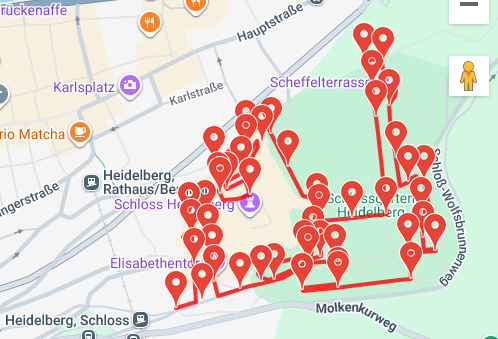 A map of Heidelberg castle grounds walking tour with numerous red location pins scattered around in Heidelberg, Germany, near Heidelberg Castle and Schloss.