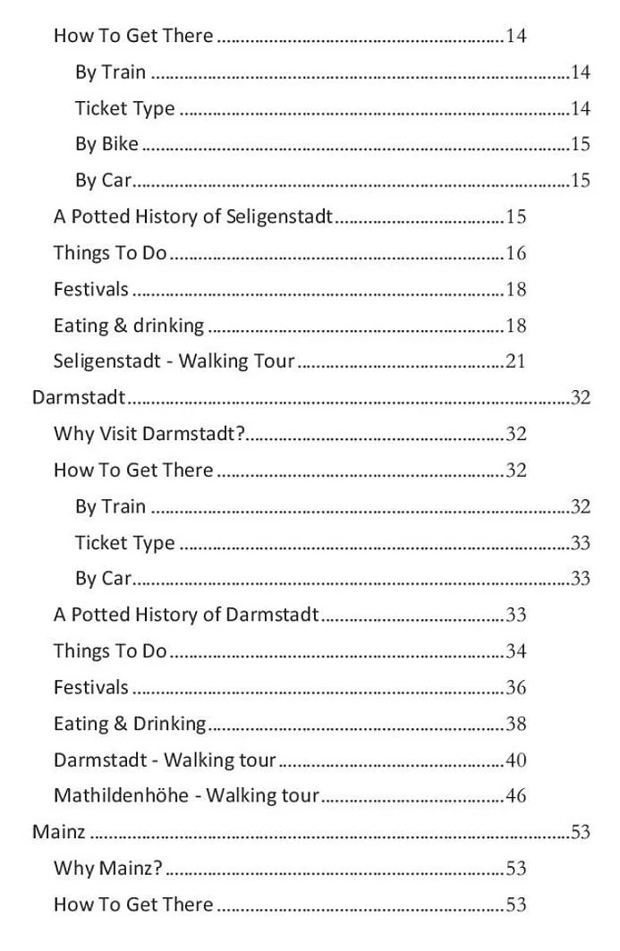 Table of contents listing sections about how to get to different cities and activities for each location