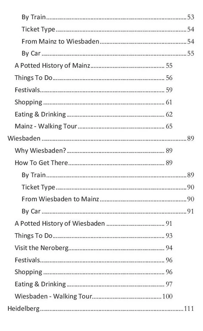 Table of contents page from a guidebook, listing sections about Mainz, Wiesbaden, and Heidelberg, with page numbers.