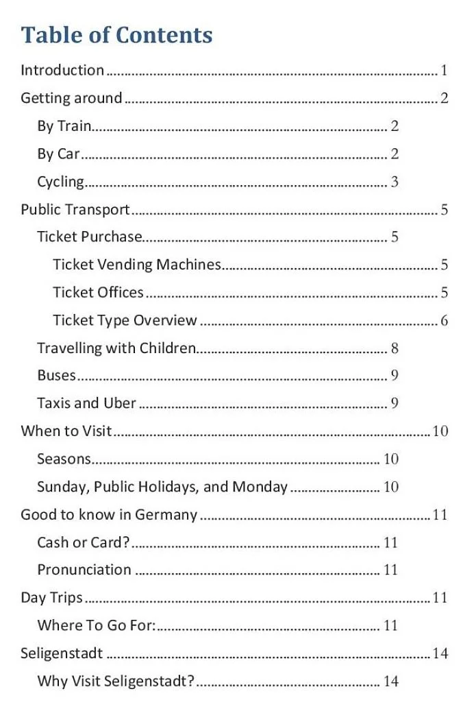 Table of contents page listing sections such as Introduction, Getting around, Public Transport, When to Visit, Good to Know in Germany, Day Trips, and Seligenstadt with corresponding page numbers.