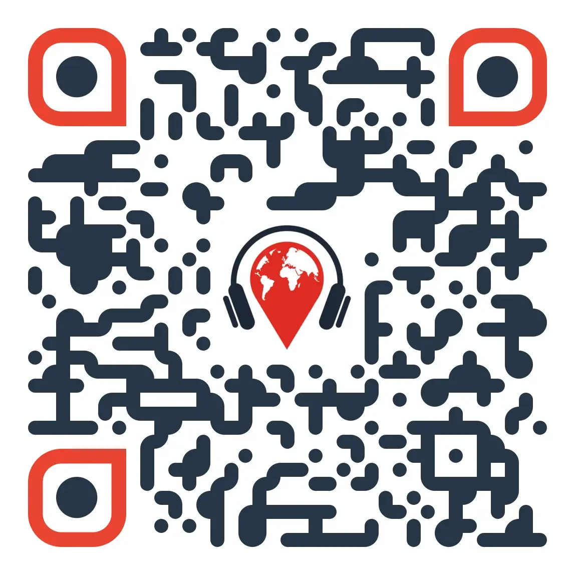 A QR code with a globe icon and headphones in the center, indicating global connectivity or communication.