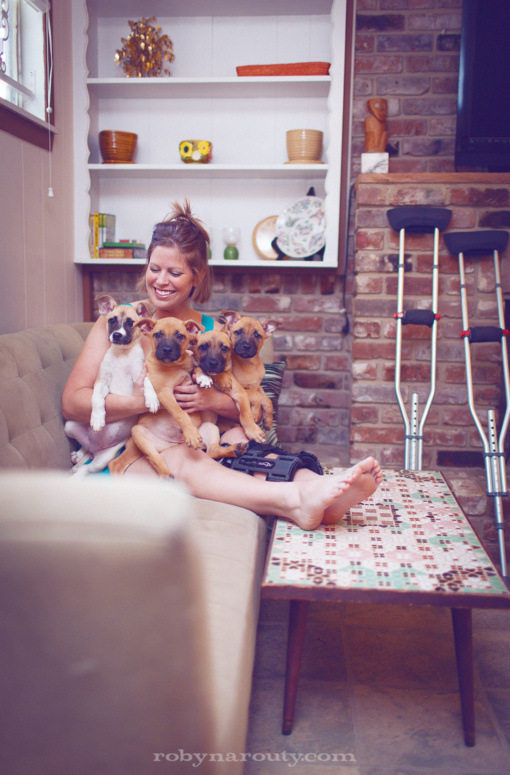 Julia Long after car accident with puppies she saved.