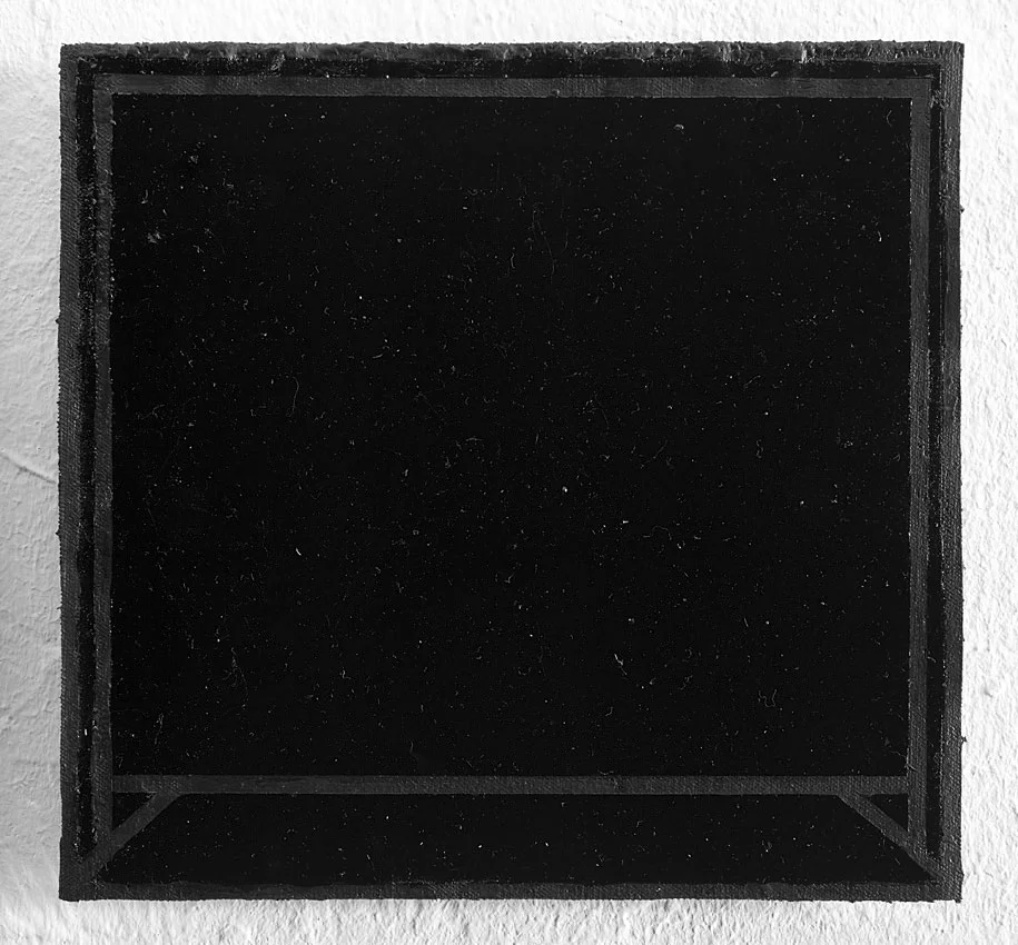 Black Box Inside square diptych II 2012 23 X 22.05 cm Primer 106, Carbon Black Acrylic on canvas, mounted on brass Private collection Photographer: Elad Sarig
