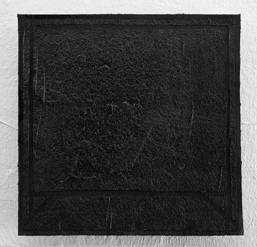 Black Box Inside square diptych II 2012 24 X 23 cm Primer 106, Mastic 244, Carbon Black Acrylic on canvas, mounted on brass Private collection Photographer: Elad Sarig