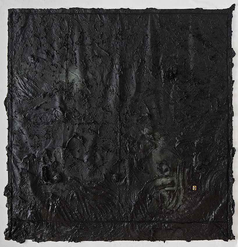 ME AFTER YOU , 2014 Gesso, Matte black acrylic paint, Elastic Bitumen Mastic, copper powder, electronics elements, 221X207cm Photographer: Elad Sarig