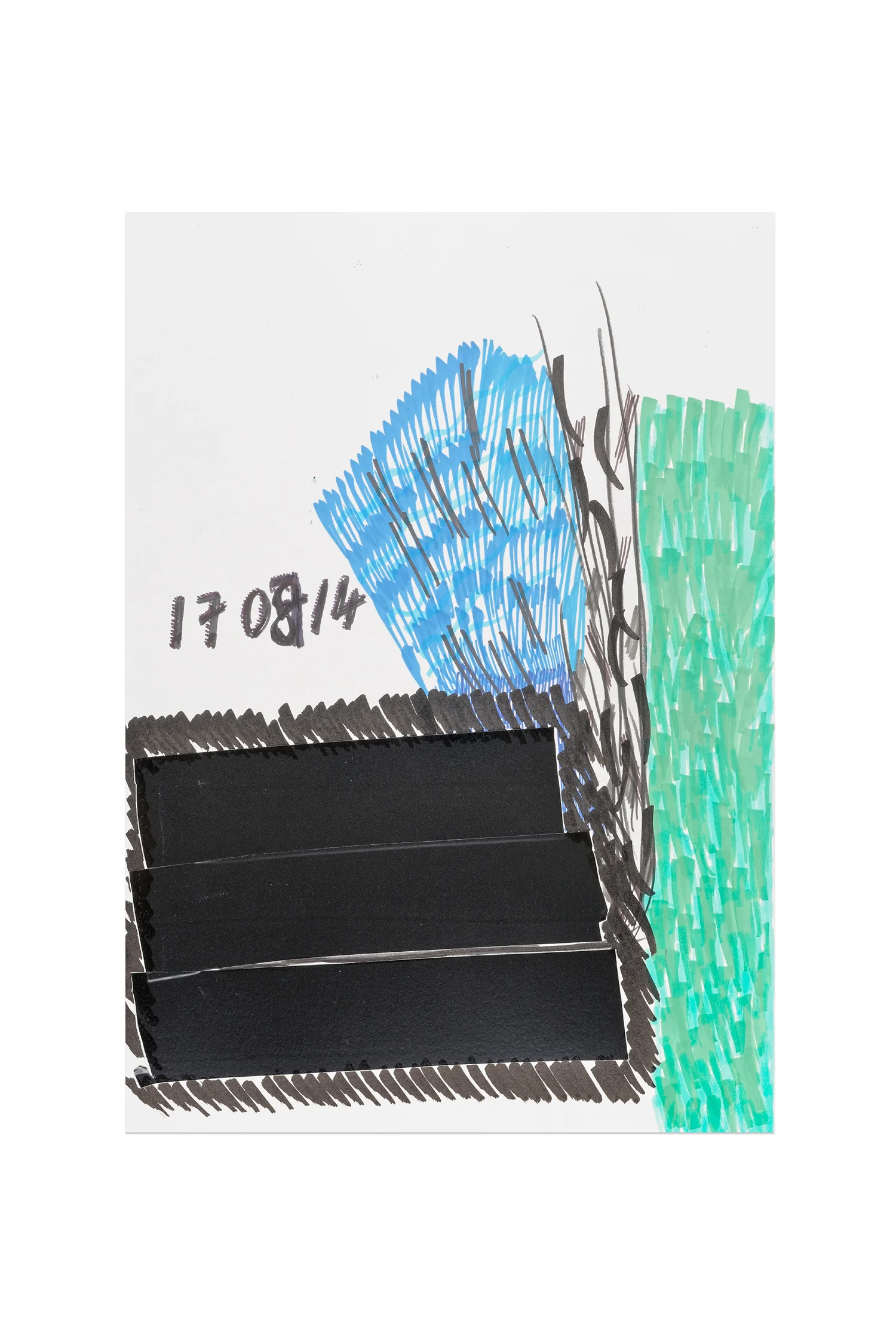 17 07 2014 Border Notes 41.09 X 29.06 CM Feutres couleurs, marqueur permanent, crayons de couleur, ruban adhésif vinyle noir Photo : Aurelien Mole