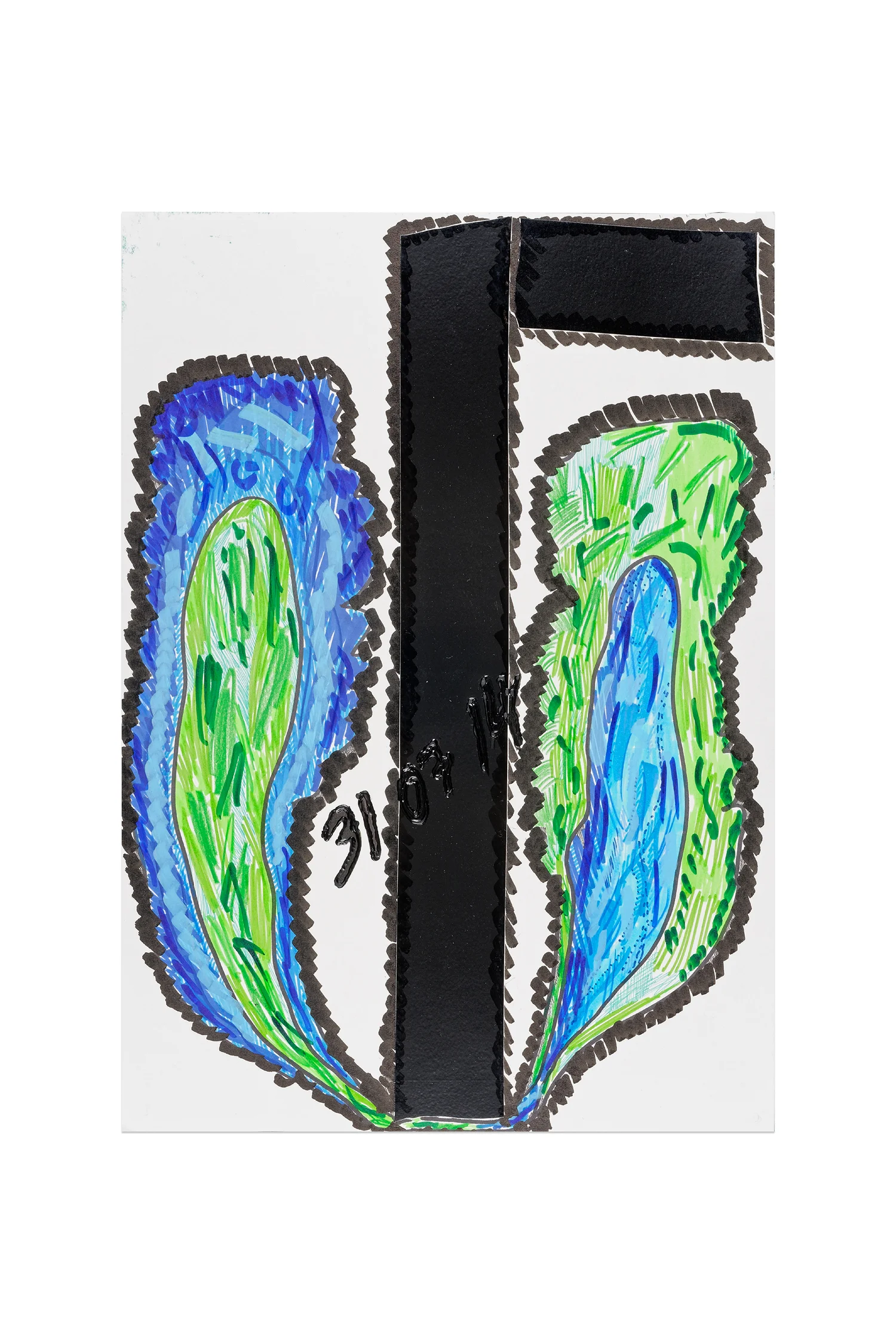31 07 2014 Border Notes 41.09 X 29.06 CM Marqueur permanent, marqueur peinture posca, crayons de couleur, feutres couleurs, peinture relief noir, ruban adhésif vinyle noir Photo : Aurelien Mole