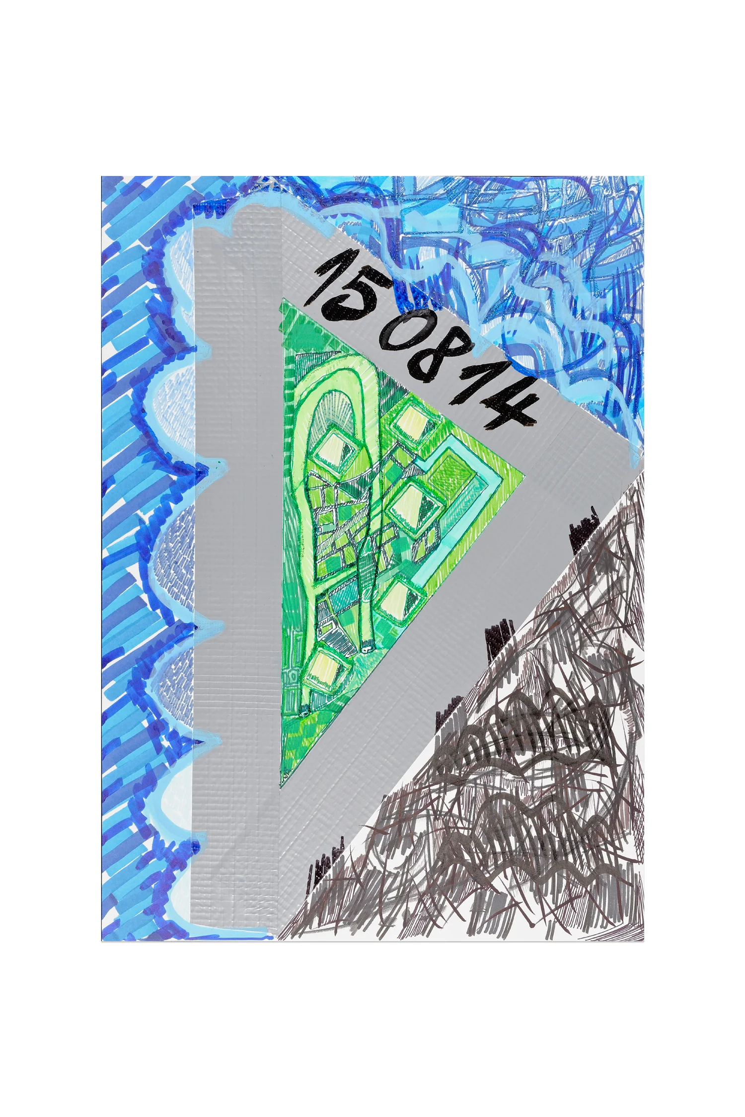 15 08 2014 Border Notes 41.09 X 29.06 CM Marqueur permanent, marqueur peinture posca, feutres couleurs, crayons de couleur, ruban adhésif toilé gris Photo : Aurelien Mole